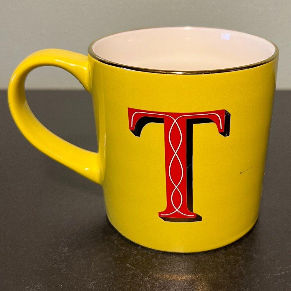 Opalhouse Letter T Monogram Initial Yellow Stoneware Coffee Mug Metallic Gold